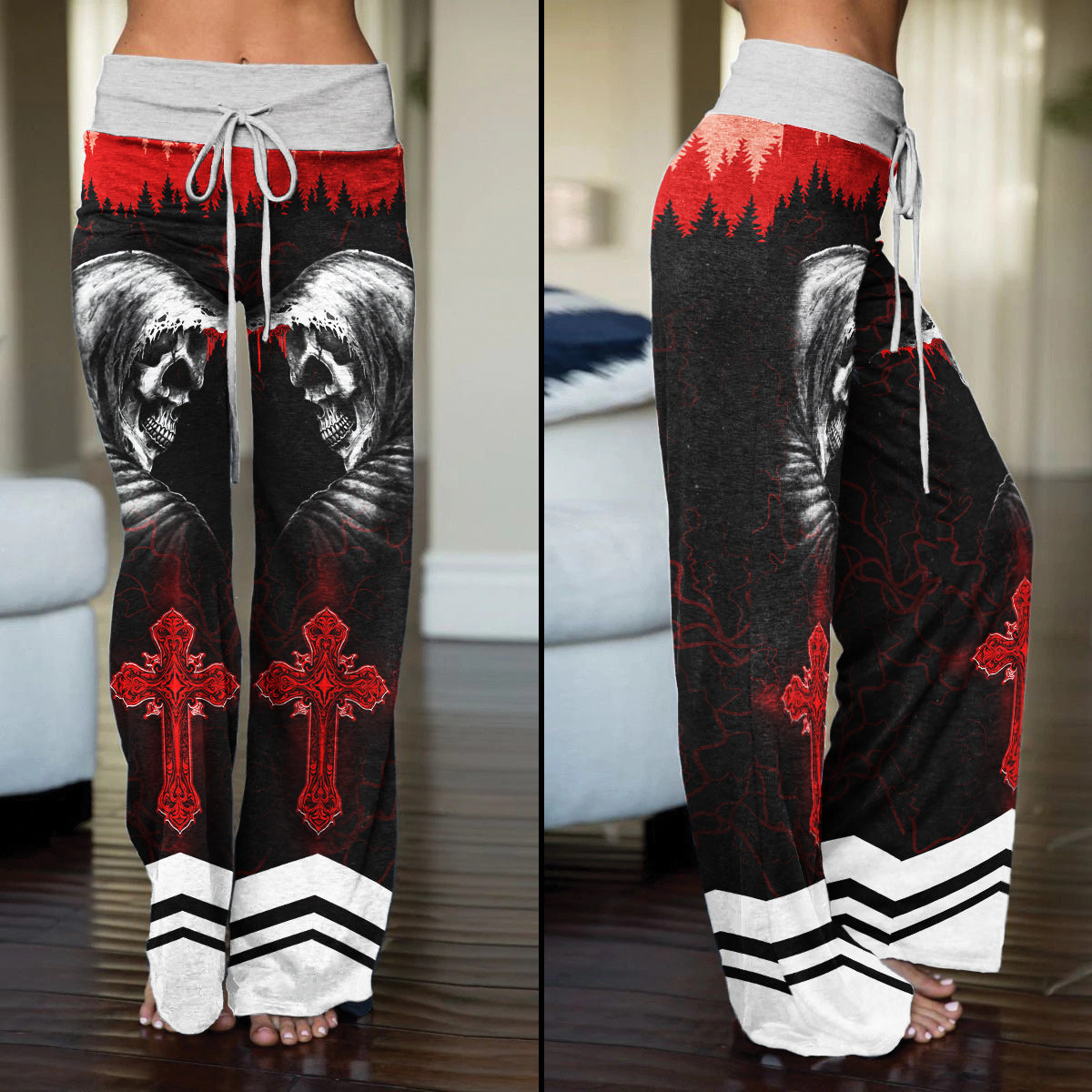 Skull Death Cross Gothic Women's High-waisted Wide Leg Pants | Wonder Skull