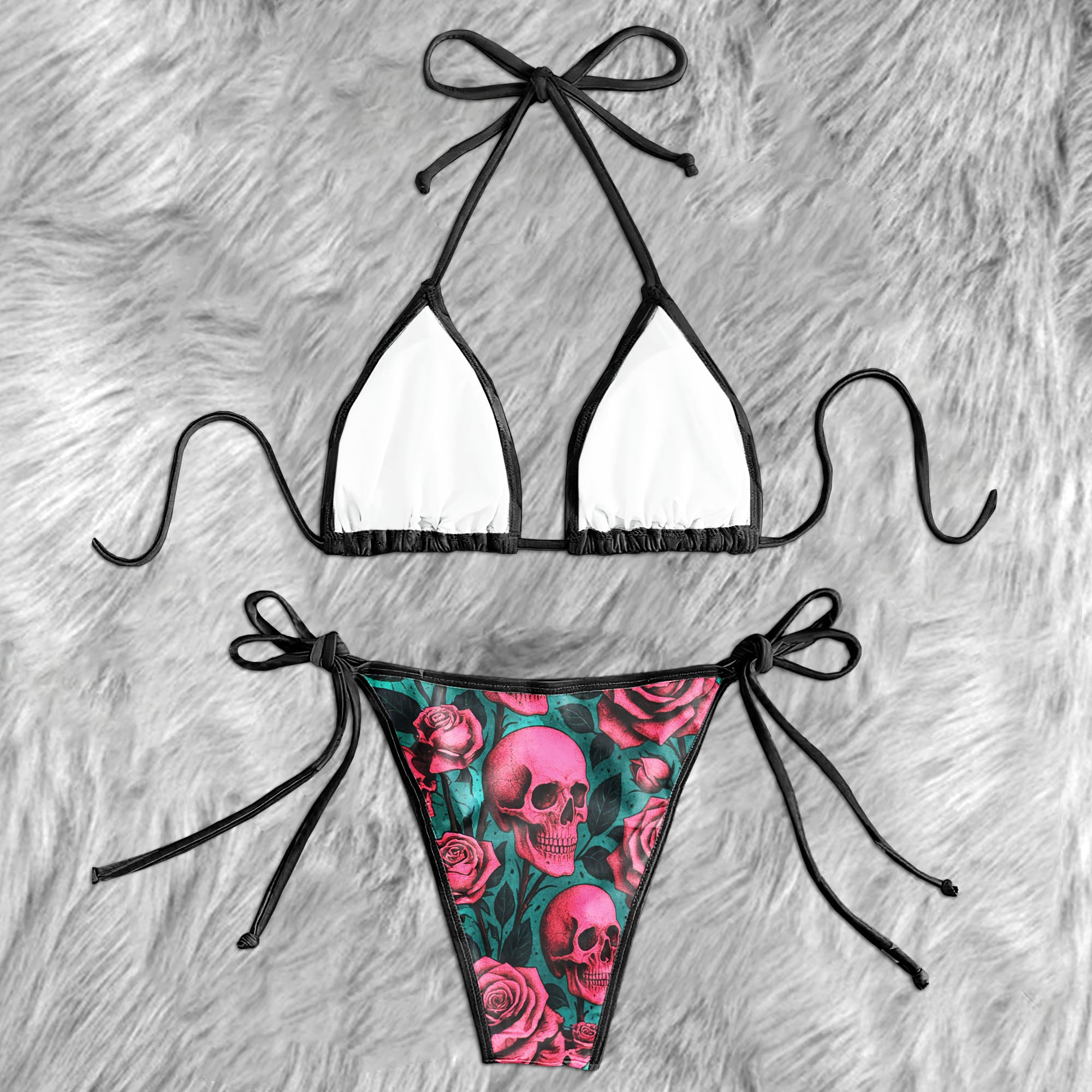 Vintage Floral Skull Rose Micro Triangle Bikini Swimsuit