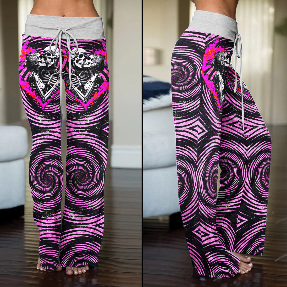 Pink Heart Skull Couple Women's High-waisted Wide Leg Pants | Wonder Skull