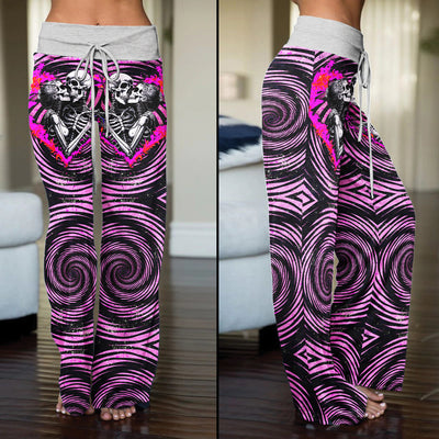 Pink Heart Skull Couple Women's High-waisted Wide Leg Pants | Wonder Skull