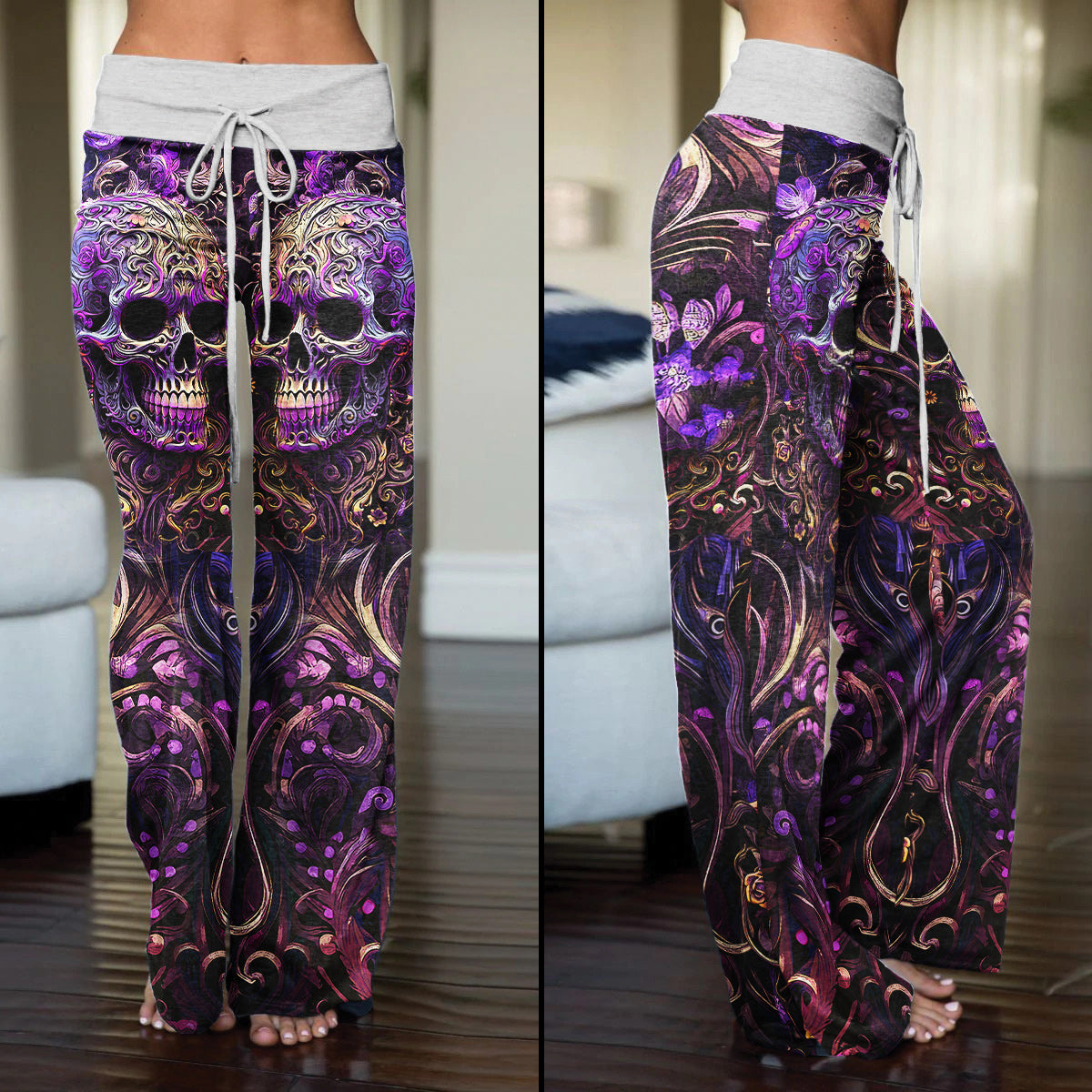 Violet Skull Floral Ornament Women's High-waisted Wide Leg Pants | Wonder Skull