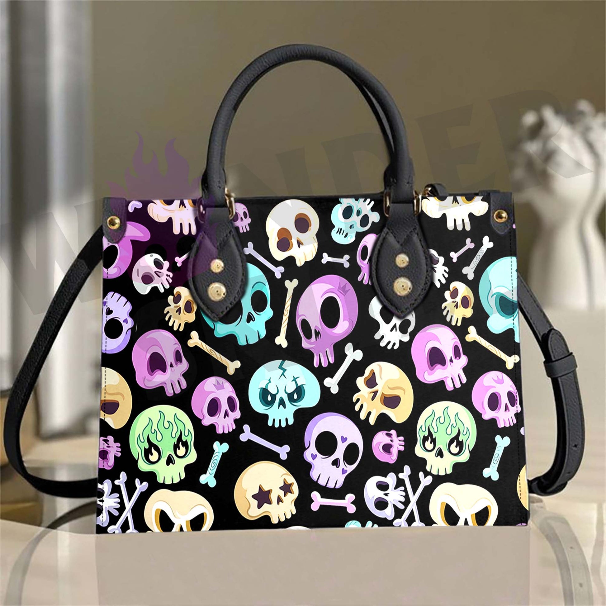 Wonder Skull structured tote bag solves the "I can't find anything in my bag" problem. The roomy interior fits your tablet, phone, wallet, water bottle, umbrella, and cosmetics — without the overstuffed look. Multiple interior pockets keep everything organized, so you're never digging around at checkout. Reinforced rivet corners and quality metal hardware ensure the bag holds up to daily use. Whether you're heading to work, running errands, or catching a flight, this tote keeps you looking put-together.