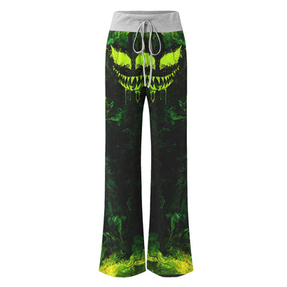 Green Abstract Scary Face Women's High-waisted Wide Leg Pants | Wonder Skull