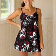 Gothic Velvet Rose Skull Short Cami Dress