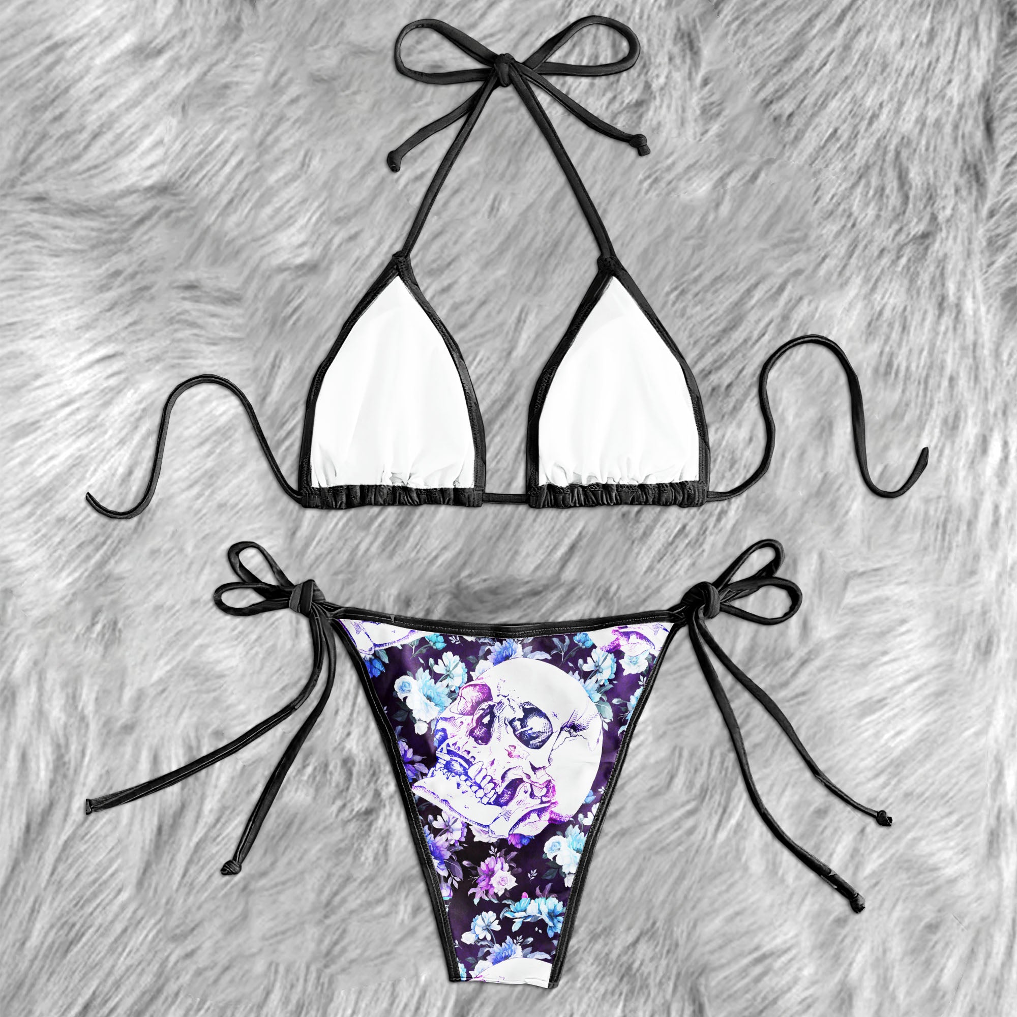 Purple Skull Floral Art Micro Triangle Bikini Swimsuit - Wonder Skull