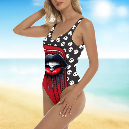 One Piece Bikini Black and Red Skull Lip Print Swimwear