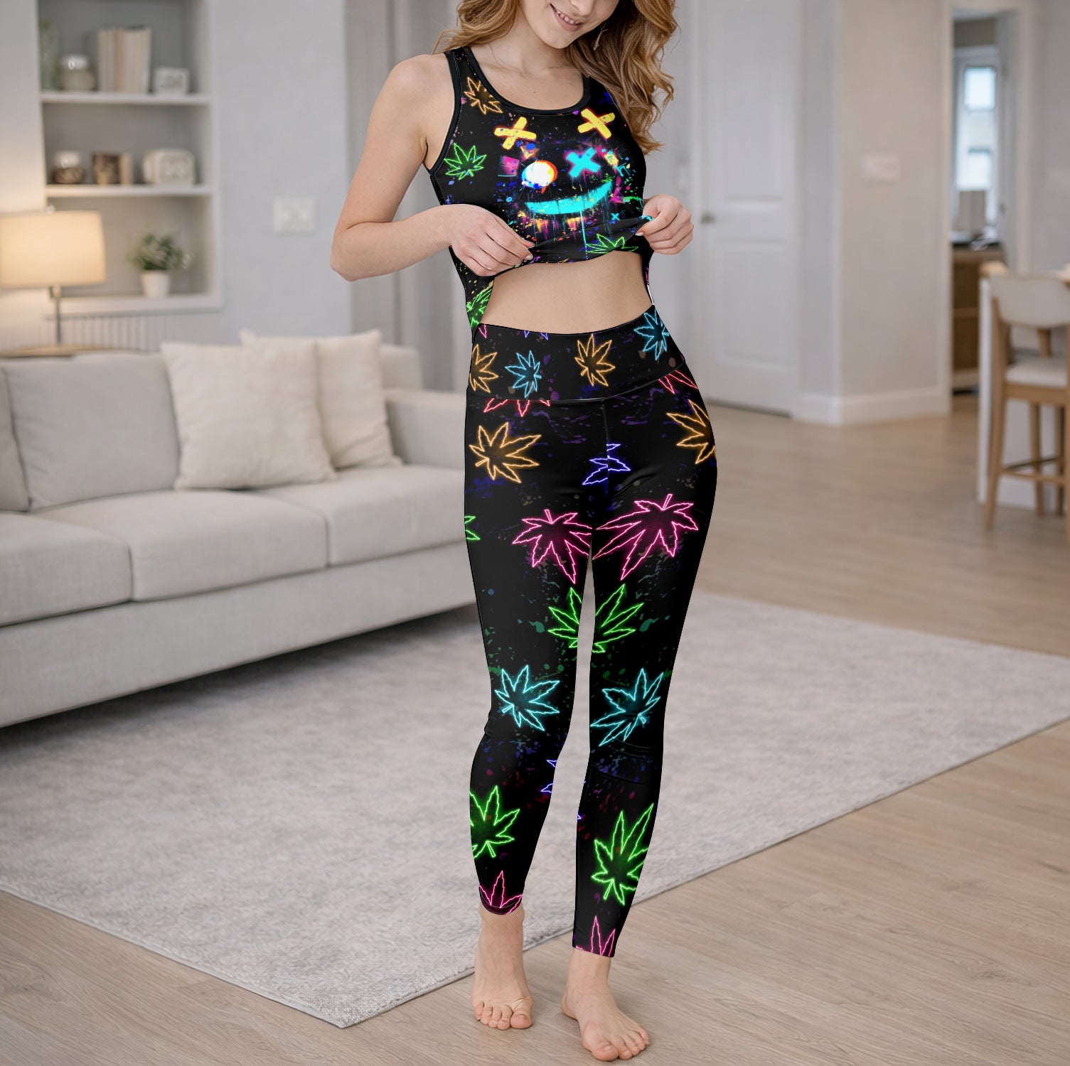 Neon Skull Leaf Pattern Tanktop and Leggings