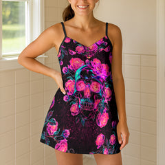 Neon Rose Obsidian Skull Short Cami Dress