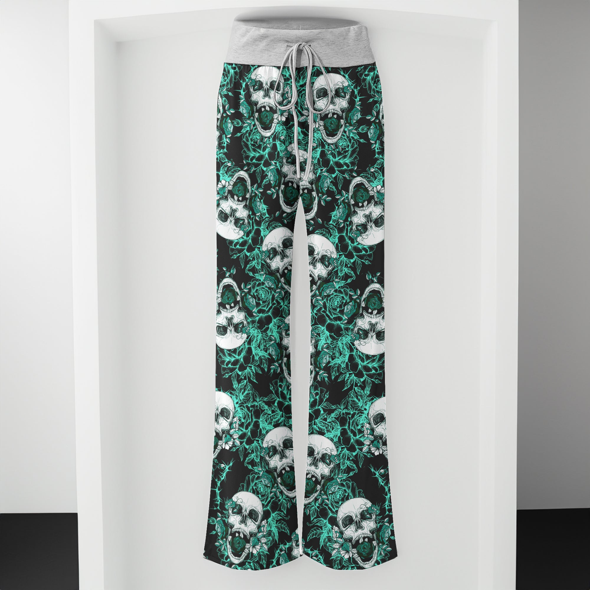 Thorned Rose Skull Pattern Women's High-waisted Wide Leg Pants