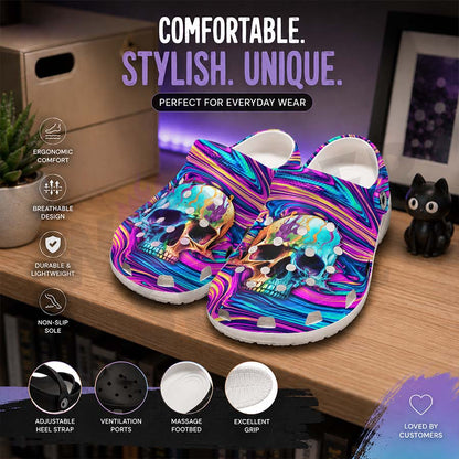 Wonder Skull Lightweight Clog Sandals are designed for all-day comfort. Featuring breathable ventilation holes, a cushioned footbed, and a pivoting heel strap, these versatile unisex clogs are perfect for use at home, outdoors, or at work — whatever your profession may be.