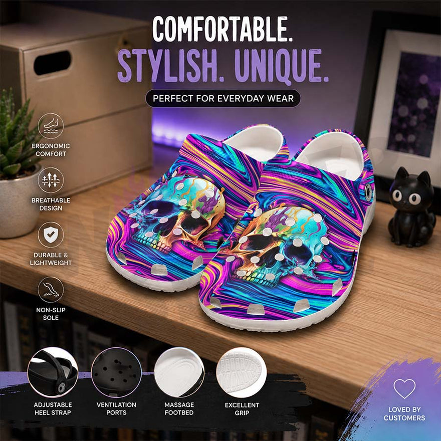 Wonder Skull Lightweight Clog Sandals are designed for all-day comfort. Featuring breathable ventilation holes, a cushioned footbed, and a pivoting heel strap, these versatile unisex clogs are perfect for use at home, outdoors, or at work — whatever your profession may be.