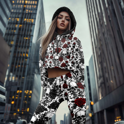 Women Hoodie and Leggings, Romantic Gothic Skull Pattern Outwear Pants Outfit