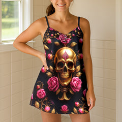 Royal Skull Pink Roses Short Cami Dress