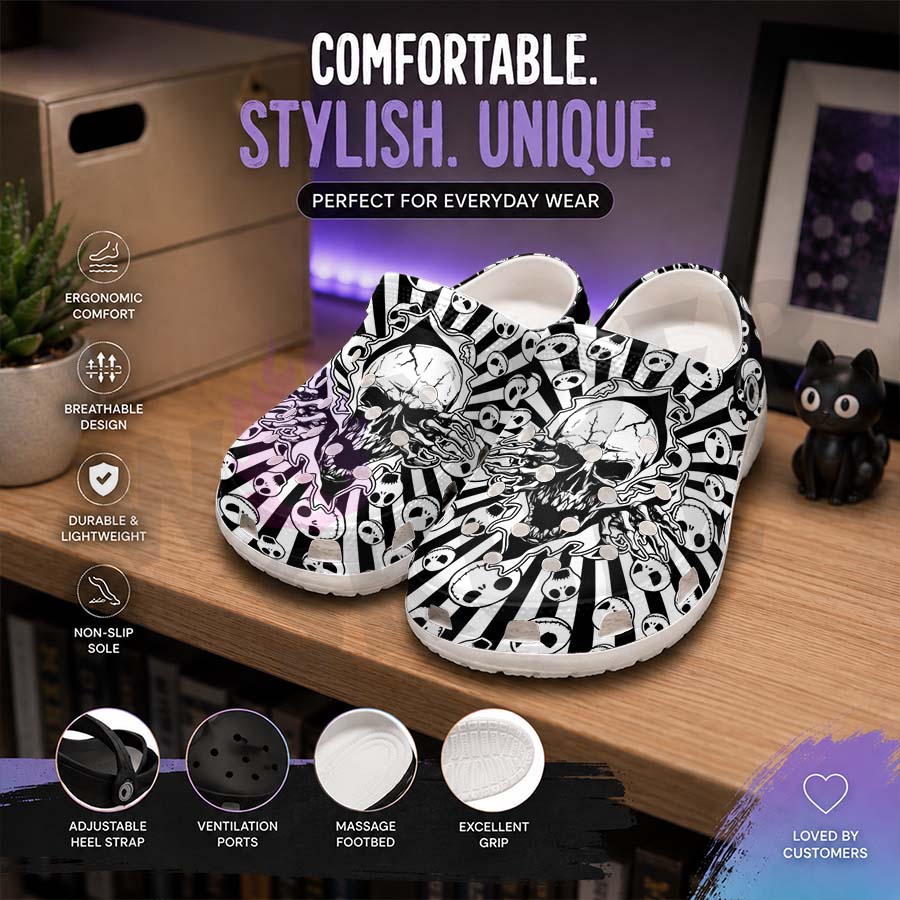 Wonder Skull Lightweight Clog Sandals are designed for all-day comfort. Featuring breathable ventilation holes, a cushioned footbed, and a pivoting heel strap, these versatile unisex clogs are perfect for use at home, outdoors, or at work — whatever your profession may be.