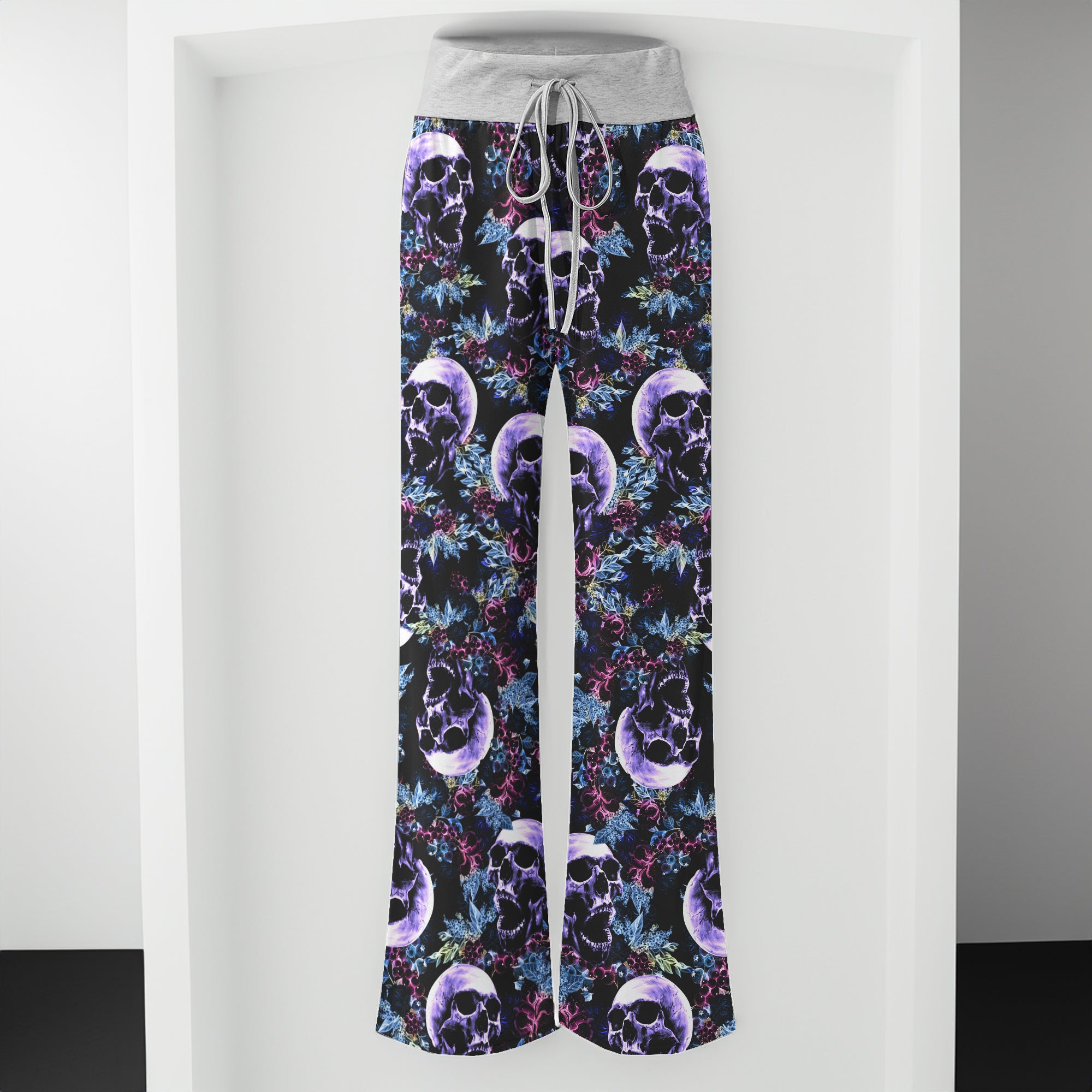Violet Grunge Floral Skull Women's High-waisted Wide Leg Pants