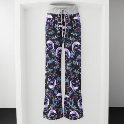 Violet Grunge Floral Skull Women's High-waisted Wide Leg Pants