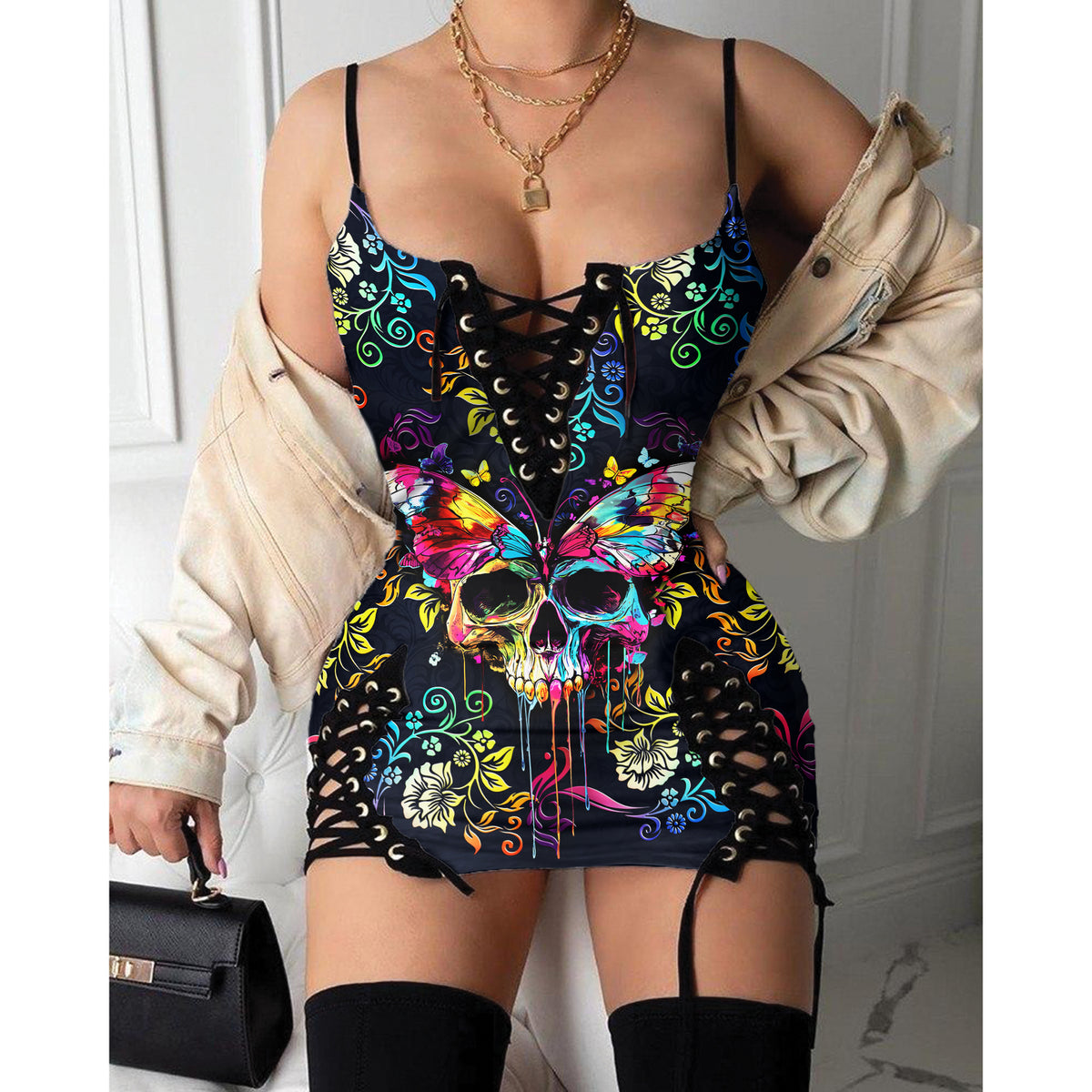 Hot Gothic Dress, Skull Women's Goth Style, Colorful Skull Butterfly Floral Outfit