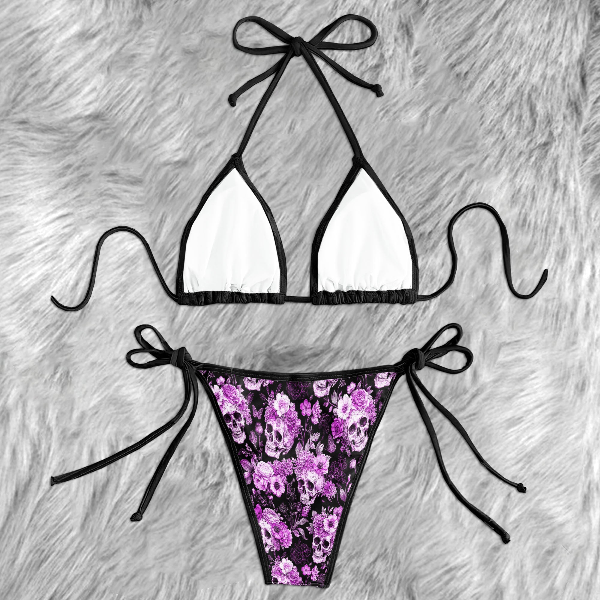 Dark Violet Floral Bones Micro Triangle Bikini Swimsuit
