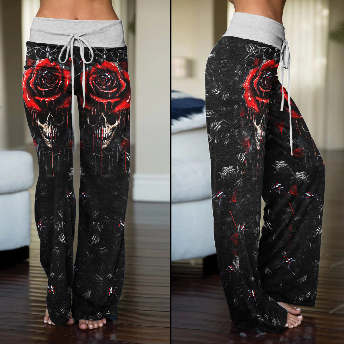 Dark Gothic Skull Rose Women's High-waisted Wide Leg Pants | Wonder Skull