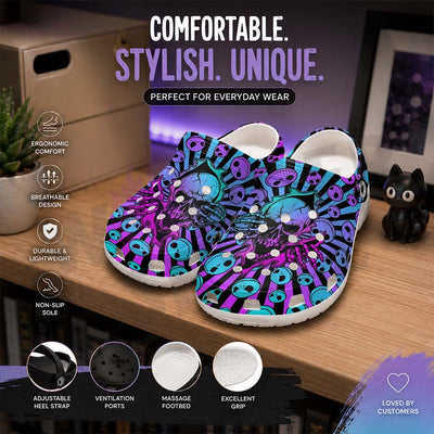 Wonder Skull Lightweight Clog Sandals are designed for all-day comfort. Featuring breathable ventilation holes, a cushioned footbed, and a pivoting heel strap, these versatile unisex clogs are perfect for use at home, outdoors, or at work — whatever your profession may be.