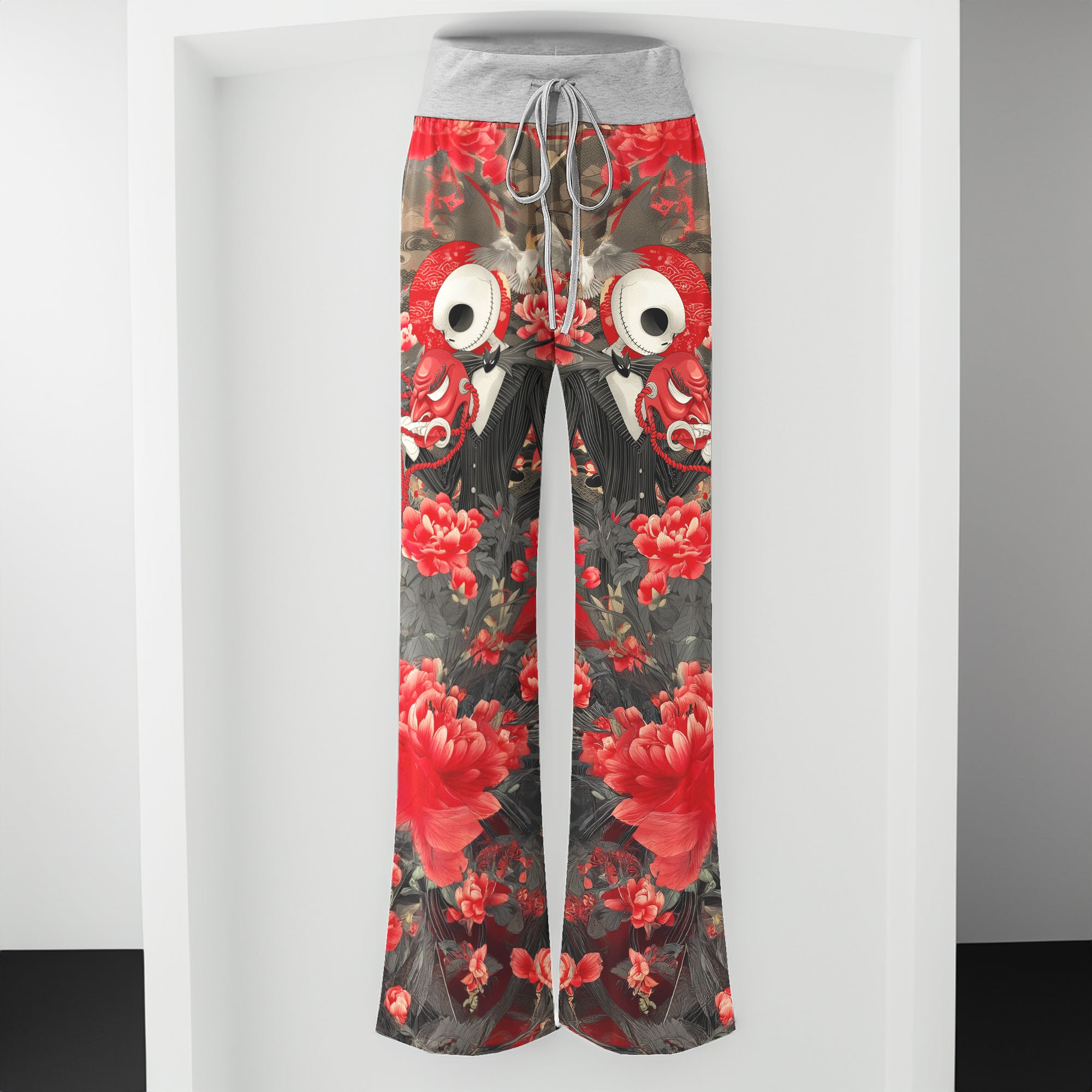 Red Masked Skeleton Amidst Women's High-waisted Wide Leg Pants