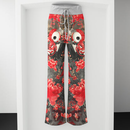 Red Masked Skeleton Amidst Women's High-waisted Wide Leg Pants