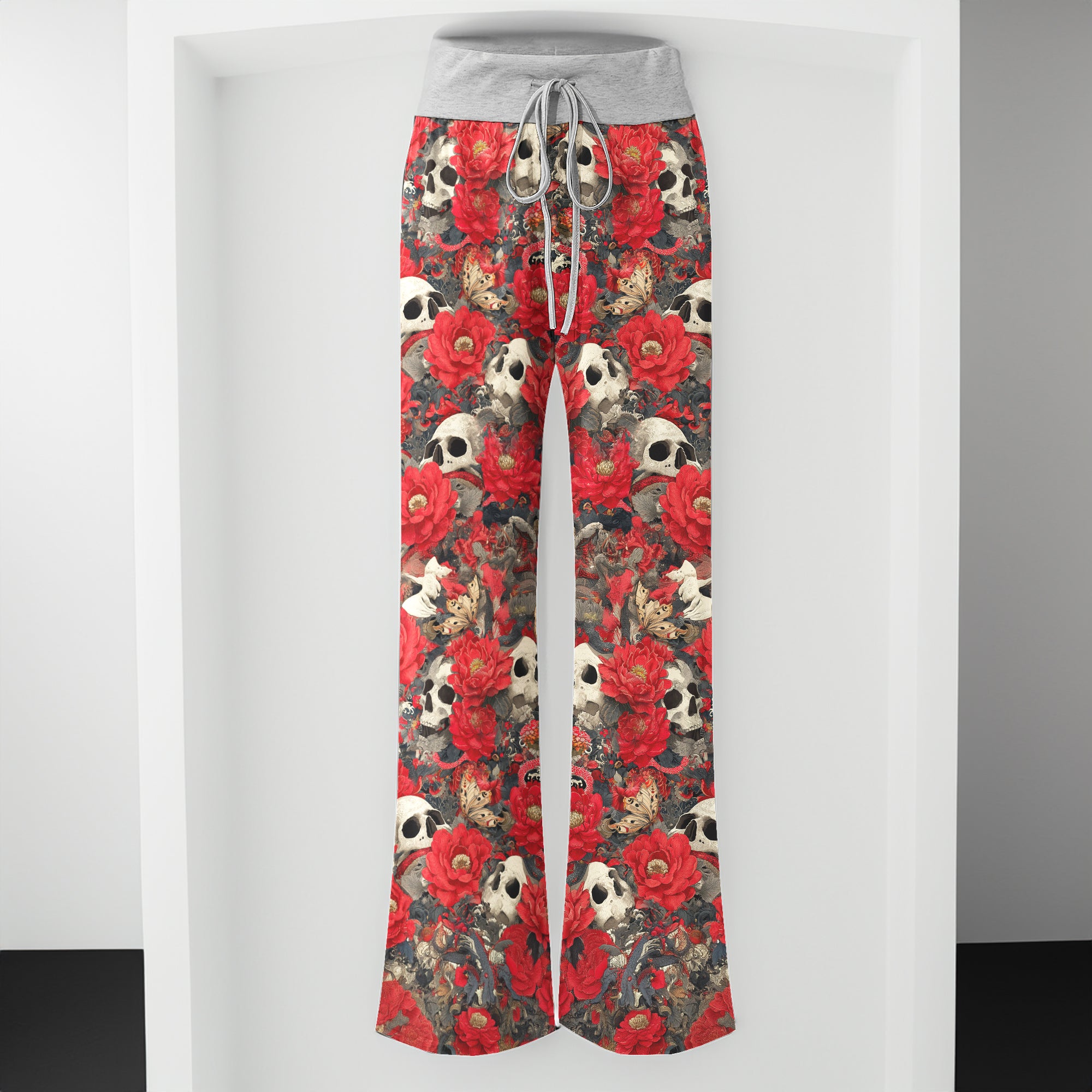 Red Skull Garden Pattern Women's High-waisted Wide Leg Pants