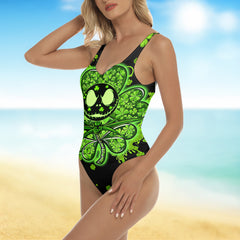 One Piece Bikini Neon Shamrock Skull Pattern Print Swimwear