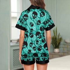 Cyan Paisley Skull Women's Pajama Sets Top Sleeve & Short Bottom