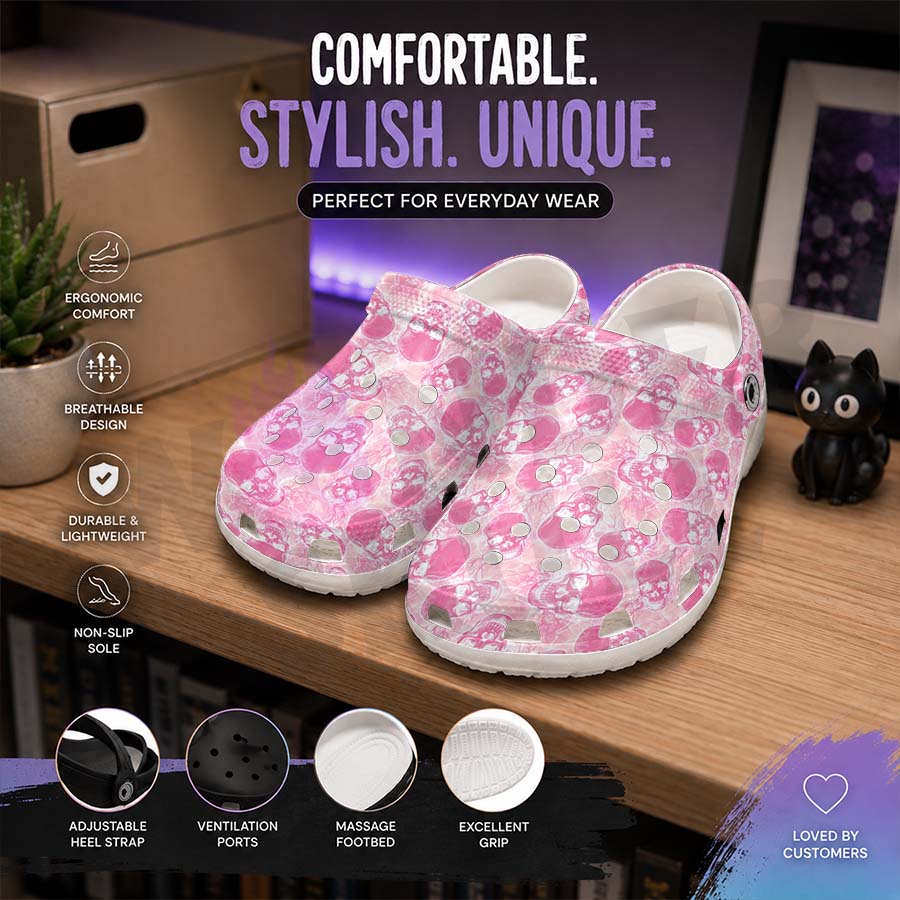 Wonder Skull Lightweight Clog Sandals are designed for all-day comfort. Featuring breathable ventilation holes, a cushioned footbed, and a pivoting heel strap, these versatile unisex clogs are perfect for use at home, outdoors, or at work — whatever your profession may be.