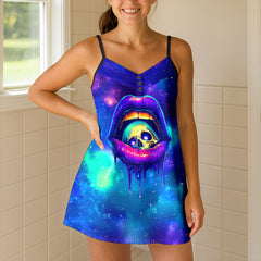 Neon Skull Lips Art Short Cami Dress