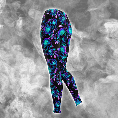 Cyan Skull Rose Gothic Combo Hoodie and Leggings - Dark and edgy matching set with skull designs for a unique and stylish look.