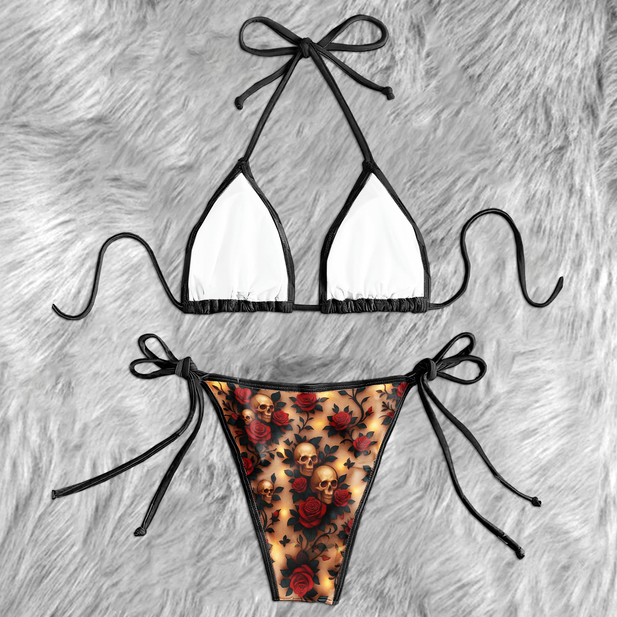 Velvet Bones Pattern Micro Triangle Bikini Swimsuit