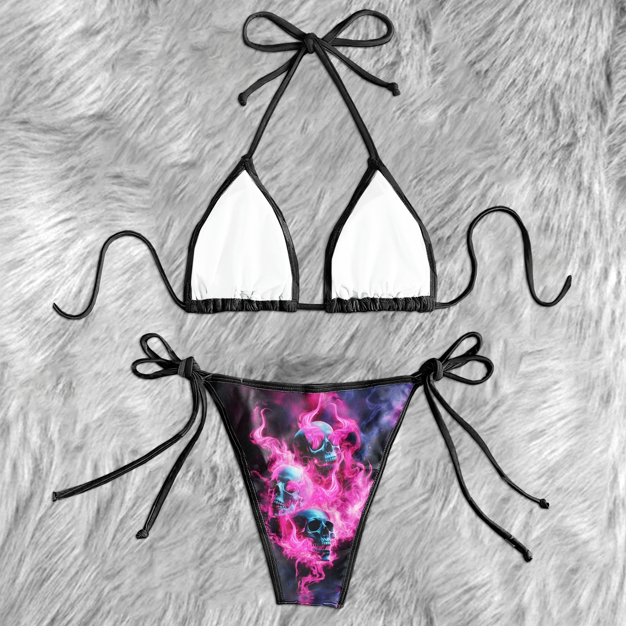 Pink Flaming Skull Art Micro Triangle Bikini Swimsuit