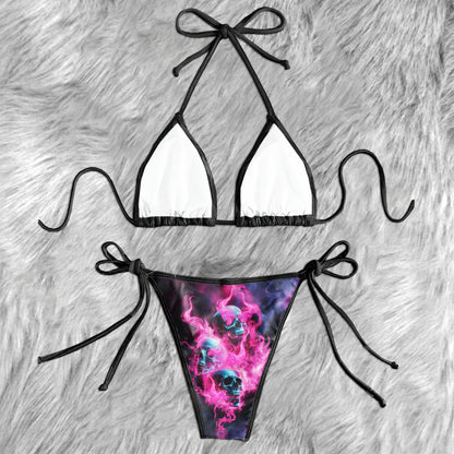 Pink Flaming Skull Art Micro Triangle Bikini Swimsuit