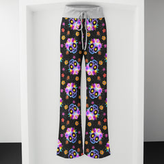 Colorful Skull Flower Pattern Women's High-waisted Wide Leg Pants