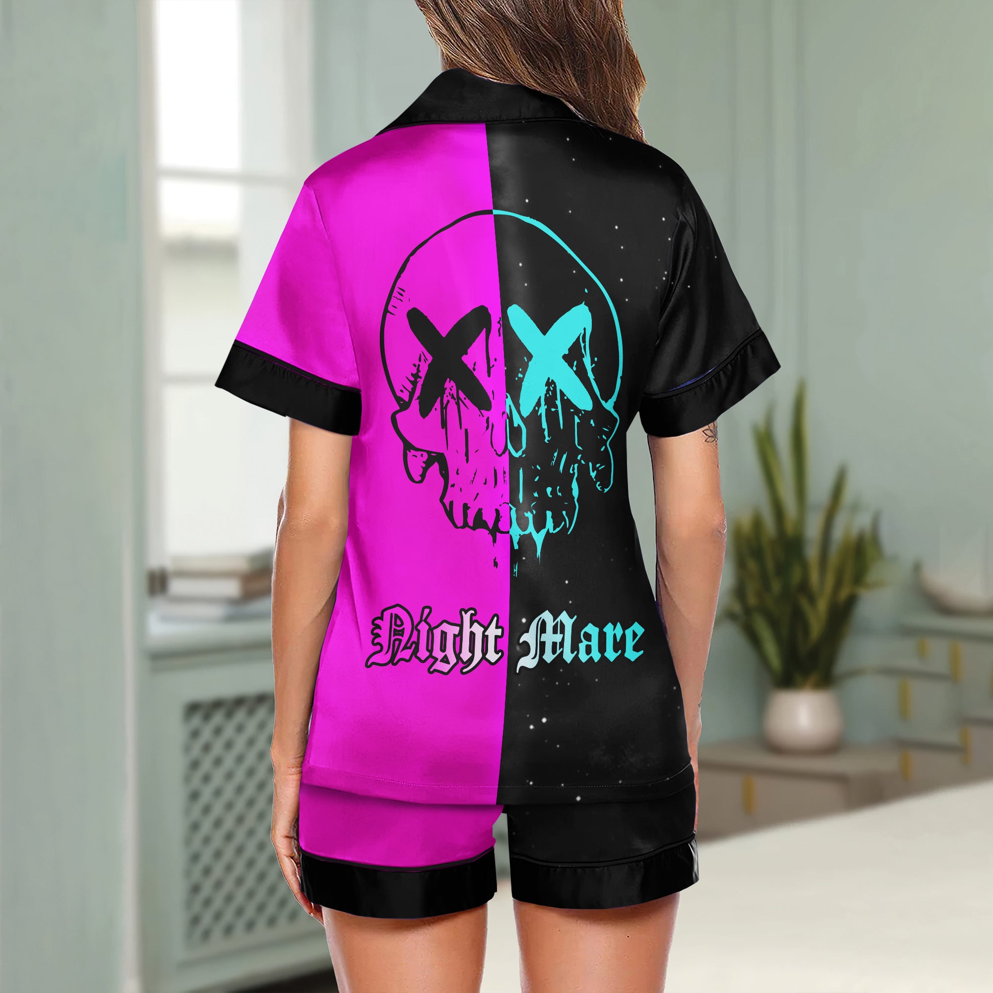 Neon Skull Art Women's Pajama Sets Top Sleeve & Short Bottom