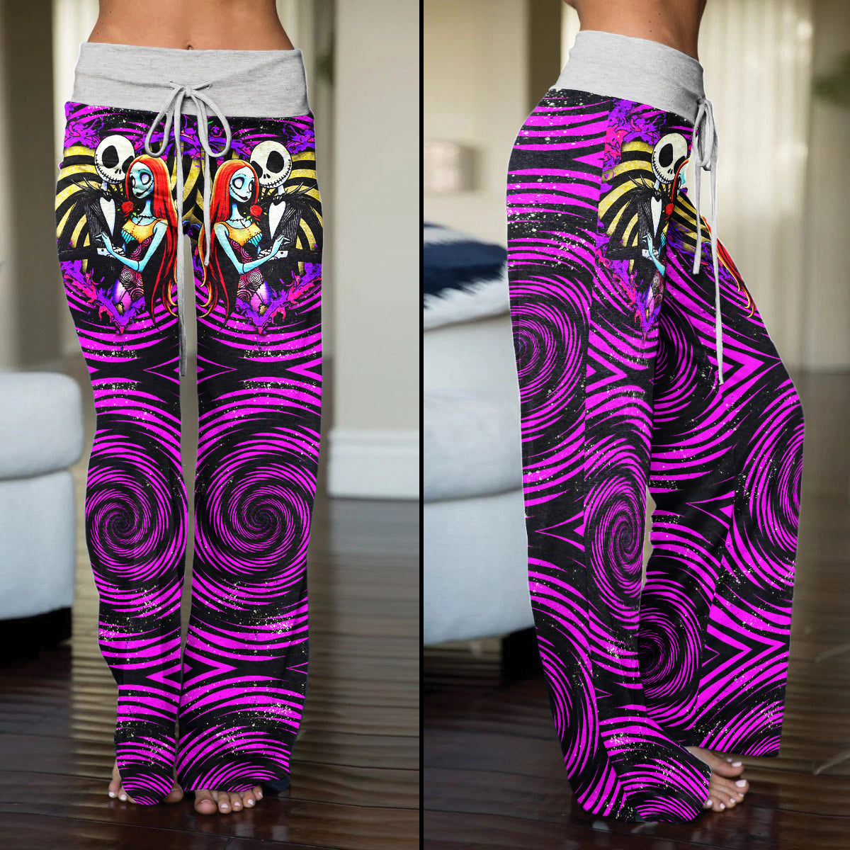 Purple Couple Nightmare Theme Women's High-waisted Wide Leg Pants | Wonder Skull