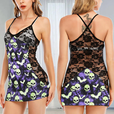 Purple Green Skull Bat Women's Black Lace Babydolls Nightgowns | Women Sleepwear Babydoll, Nightgowns