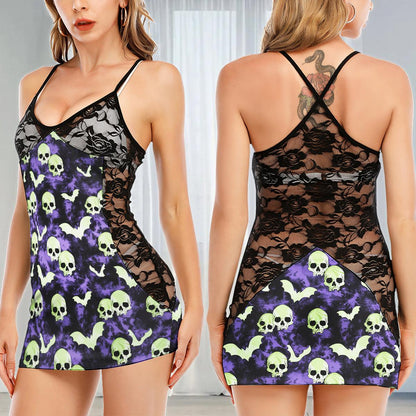 Purple Green Skull Bat Women's Black Lace Babydolls Nightgowns | Women Sleepwear Babydoll, Nightgowns
