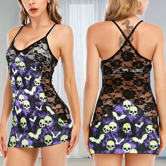 Purple Green Skull Bat Women's Black Lace Babydolls Nightgowns | Women Sleepwear Babydoll, Nightgowns