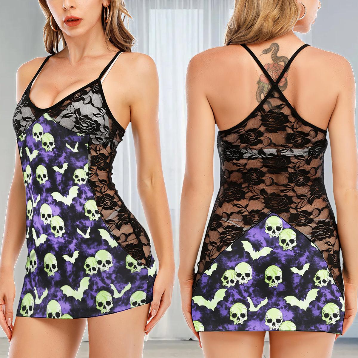 Purple Green Skull Bat Women's Black Lace Babydolls Nightgowns | Women Sleepwear Babydoll, Nightgowns