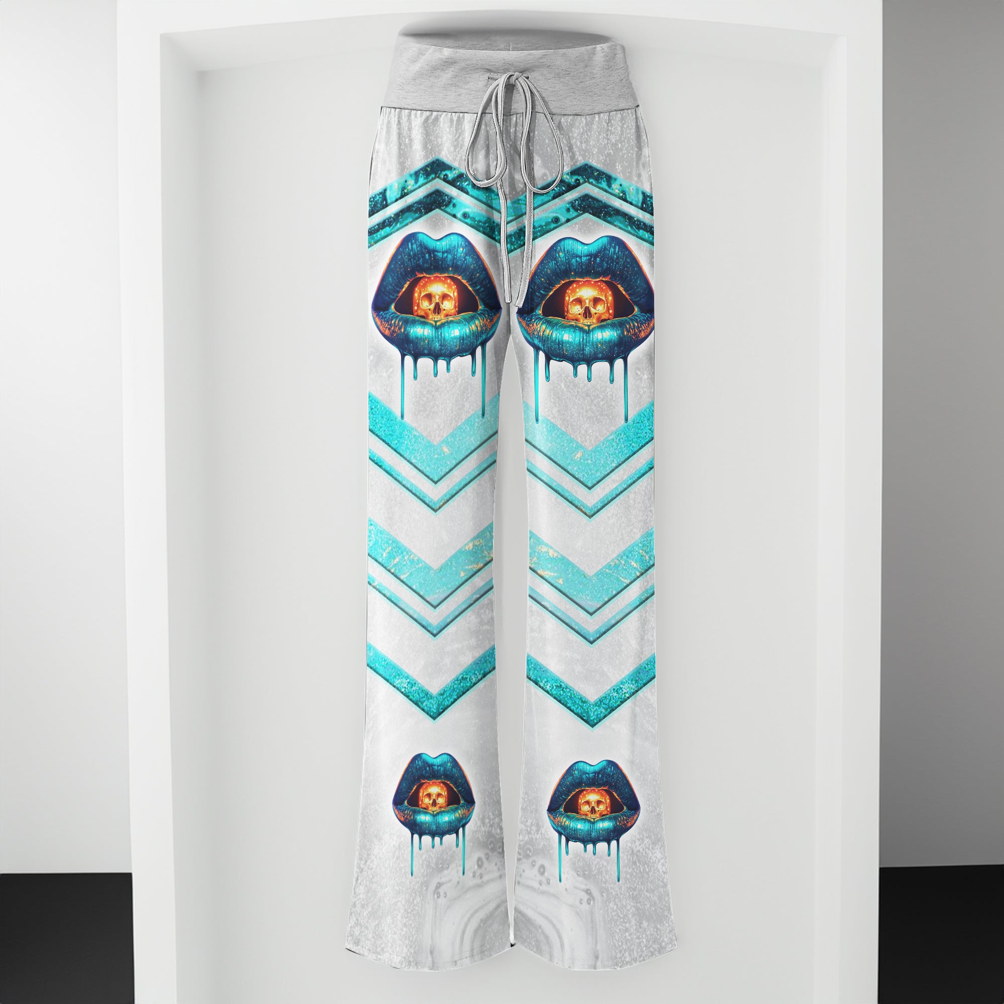 Abstract Cyan Skull Lip Women's High-waisted Wide Leg Pants