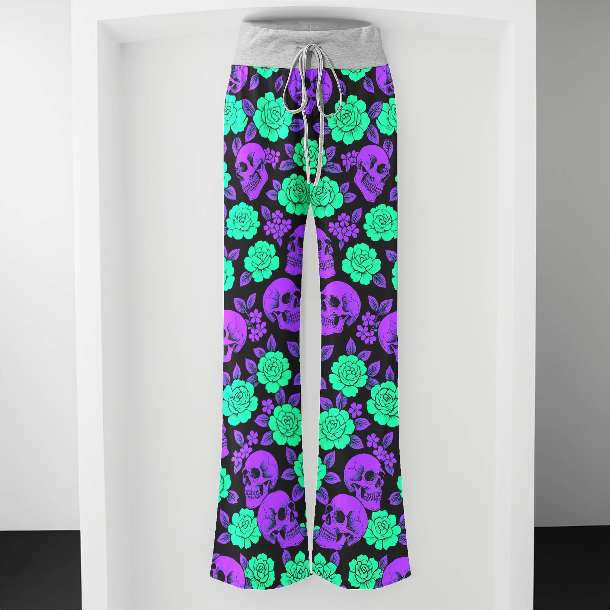 Neon Glowing Skulls Roses Women's High-waisted Wide Leg Pants