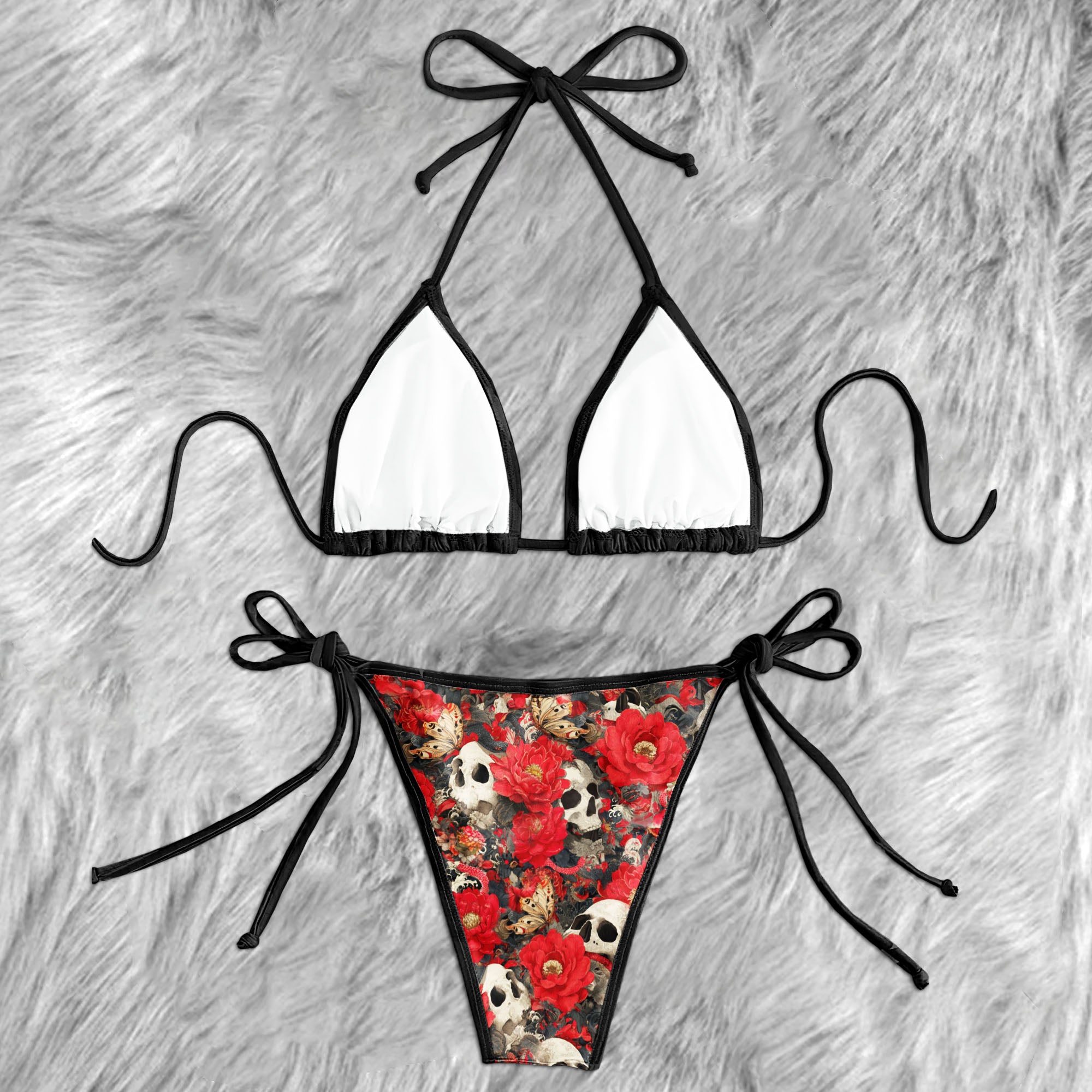 Vintage Red Peony Skull Micro Triangle Bikini Swimsuit