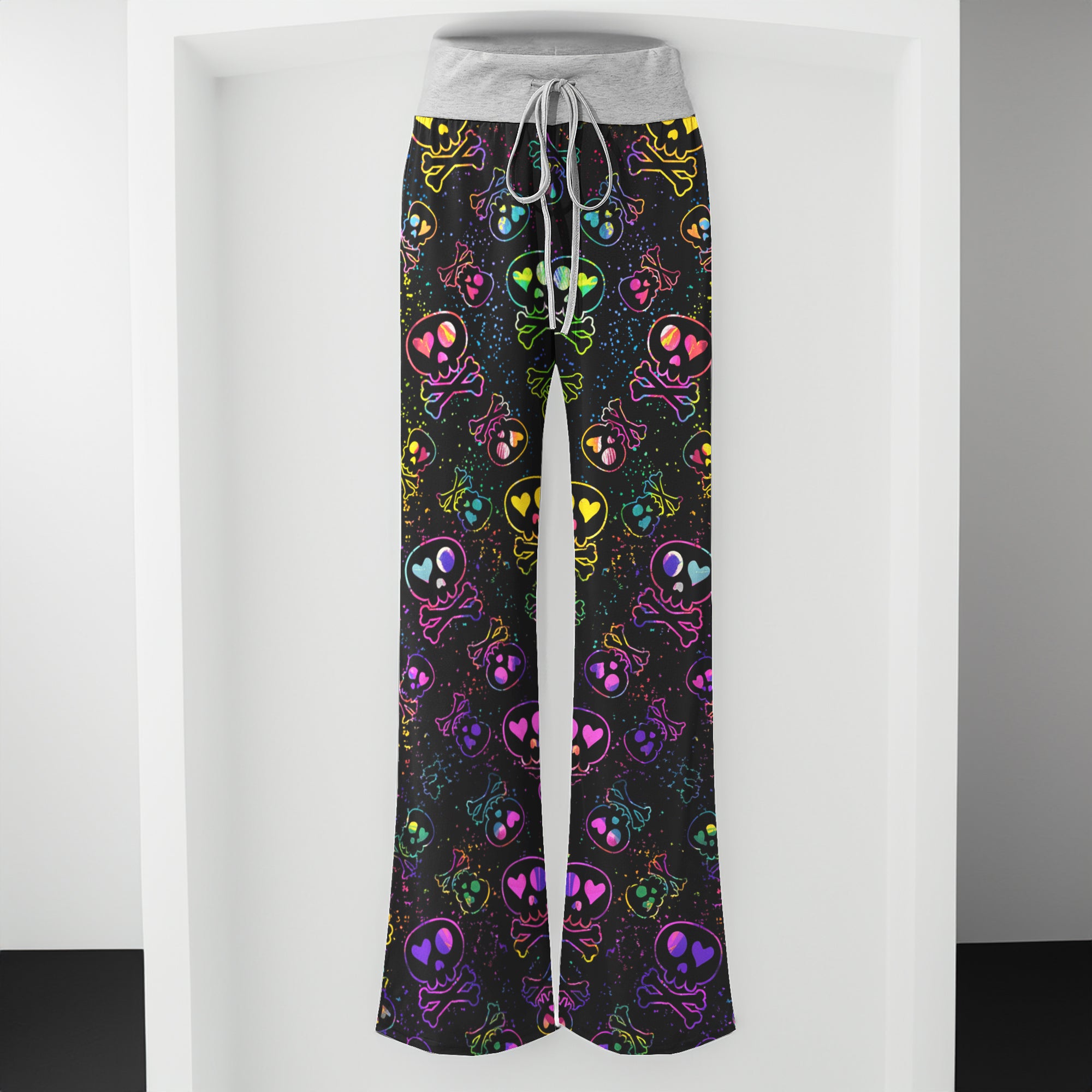 Rainbow Heart Skulls Women's High-waisted Wide Leg Pants