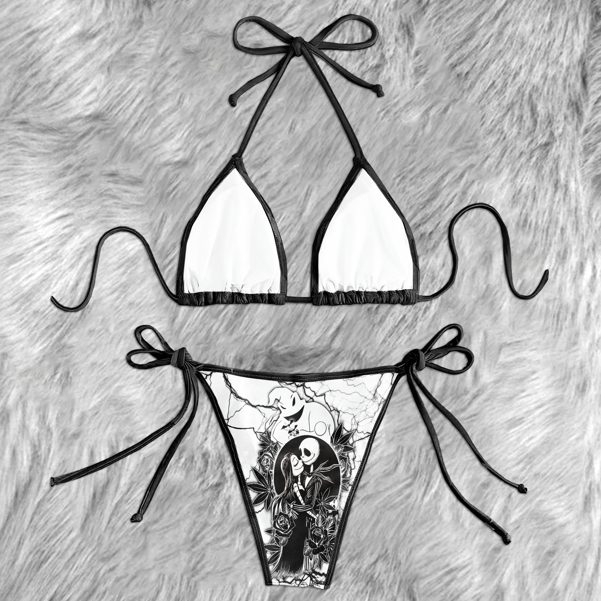 Black Couple Leaf Art Micro Triangle Bikini Swimsuit