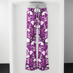 Purple Skull Rose Pattern Women's High-waisted Wide Leg Pants