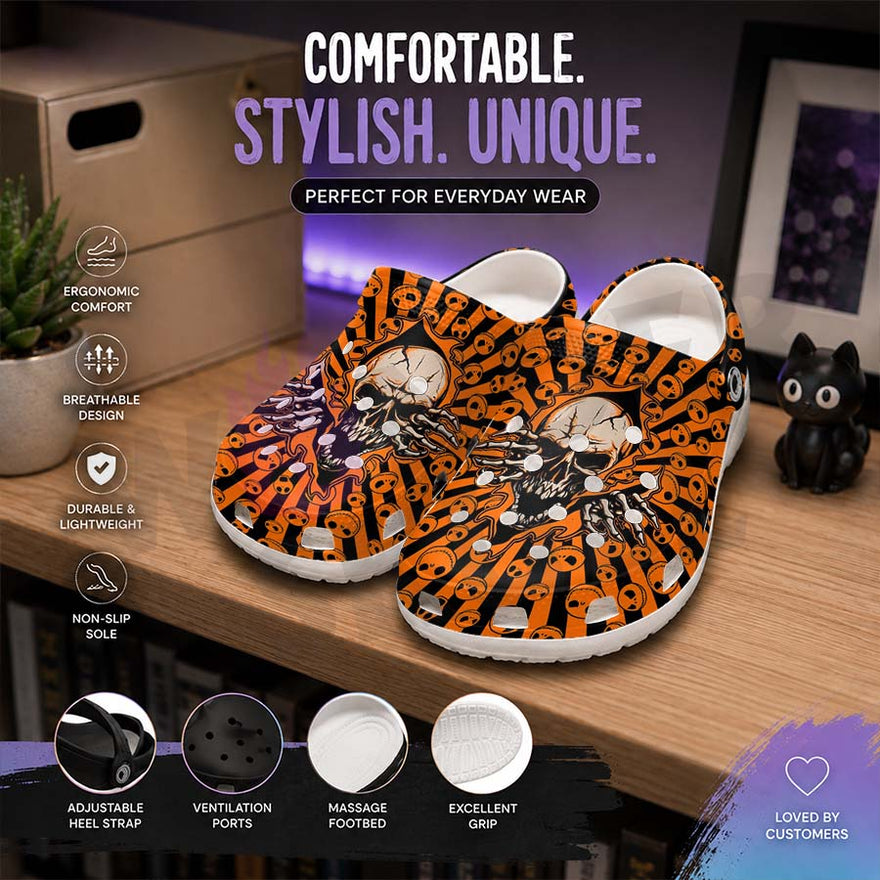 Wonder Skull Lightweight Clog Sandals are designed for all-day comfort. Featuring breathable ventilation holes, a cushioned footbed, and a pivoting heel strap, these versatile unisex clogs are perfect for use at home, outdoors, or at work — whatever your profession may be.