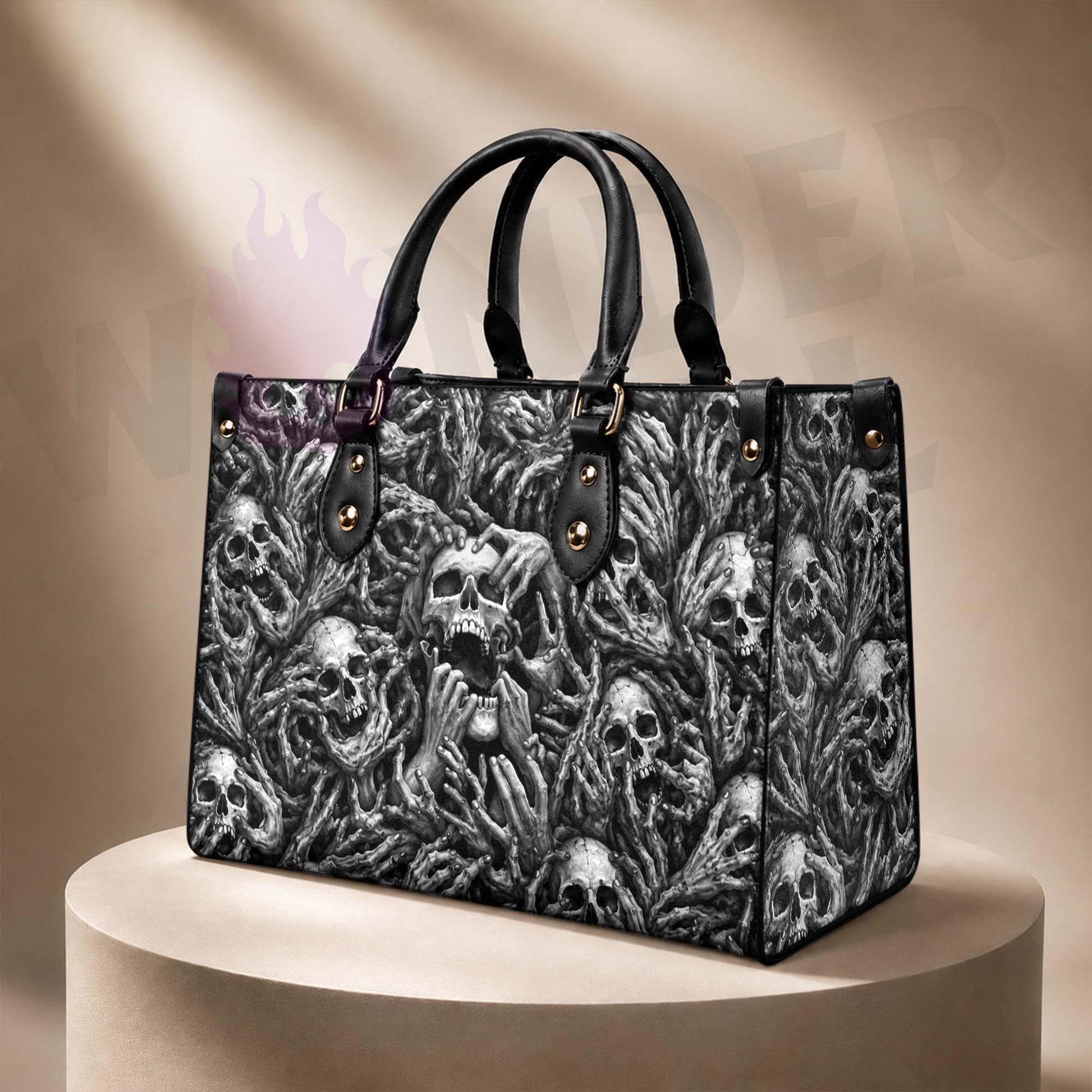 Wonder Skull structured tote bag solves the "I can't find anything in my bag" problem. The aoomy interior fits your tablet, phone, wallet, water bottle, umbrella, and cosmetics — without the overstuffed look. Multiple interior pockets keep everything organized, so you're never digging around at checkout. Reinforced rivet corners and quality metal hardware ensure the bag holds up to daily use. Whether you're heading to work, running errands, or catching a flight, this tote keeps you looking put-together.